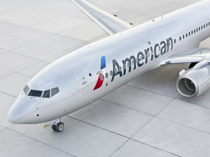 An American Airlines plane heading for a terminal port. 