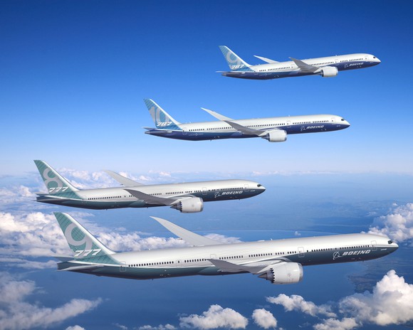Boeing's wide-body fleet flying together in an illustration