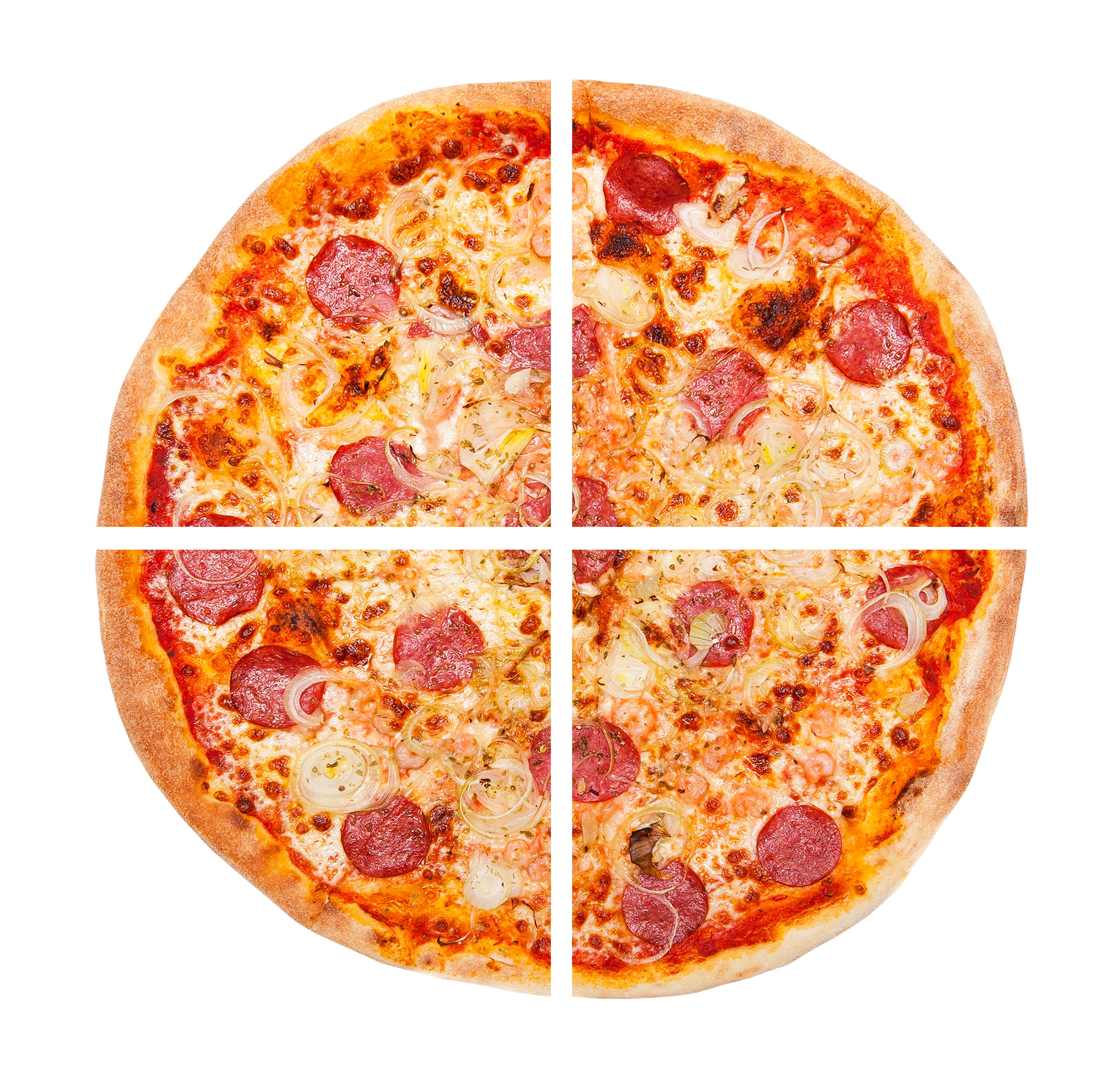Pepperoni pizza pie cut into four equal sections.