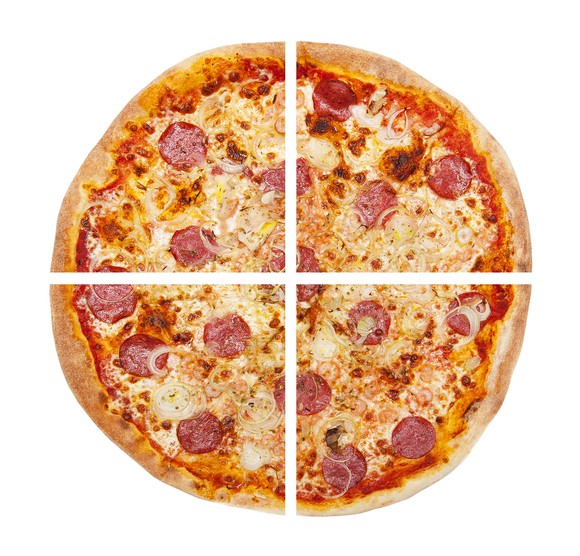 Pepperoni pizza pie cut into four equal sections.