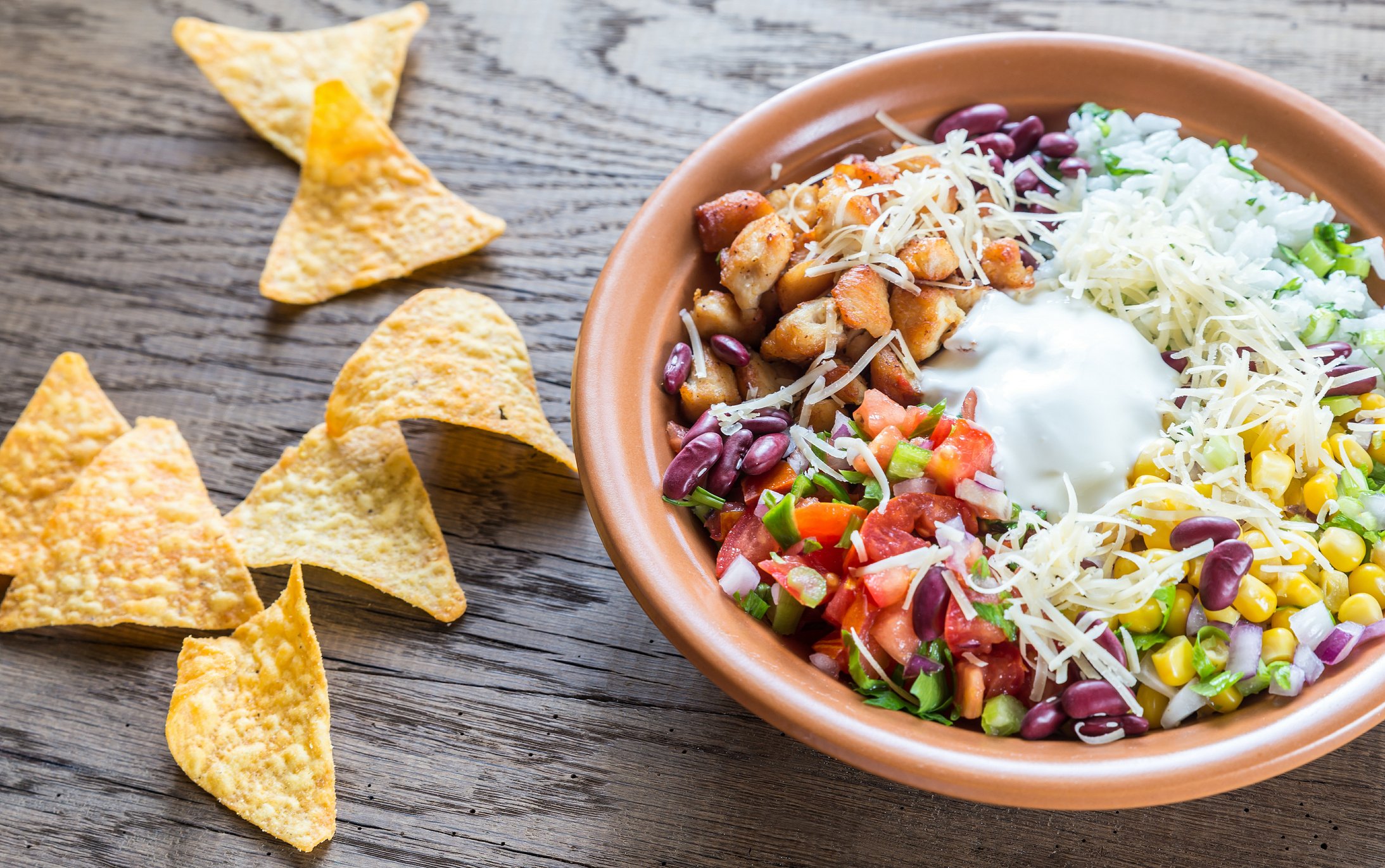 burrito bowl with tortilla chips