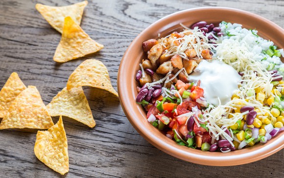 burrito bowl with tortilla chips