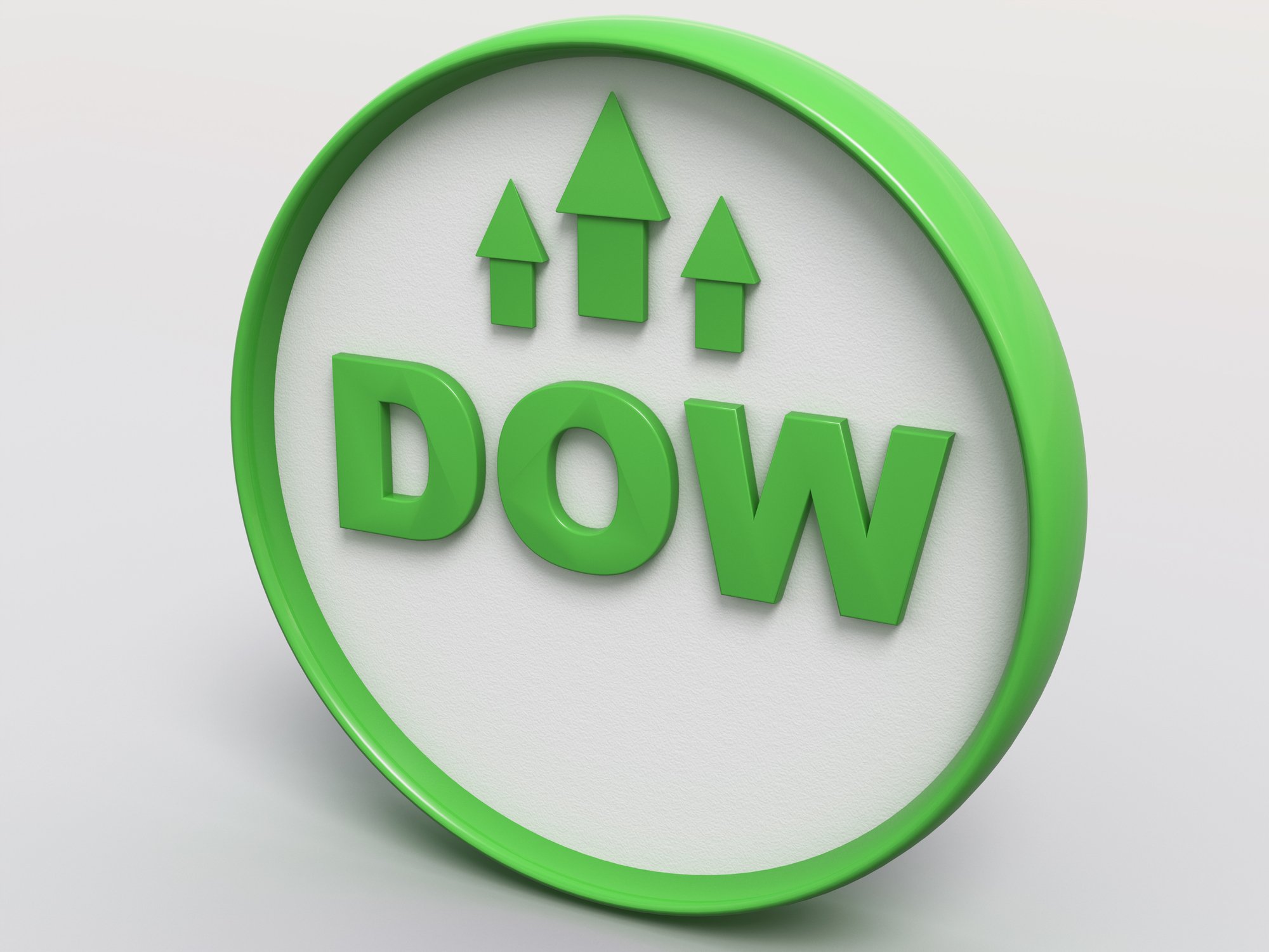 Dow in green letters in a green circle with three small green arrows pointing up
