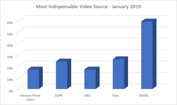 Most indispensable video source as of January 2019, includes Netflix, Hulu, ESPN, HBO, and Amazon Prime.