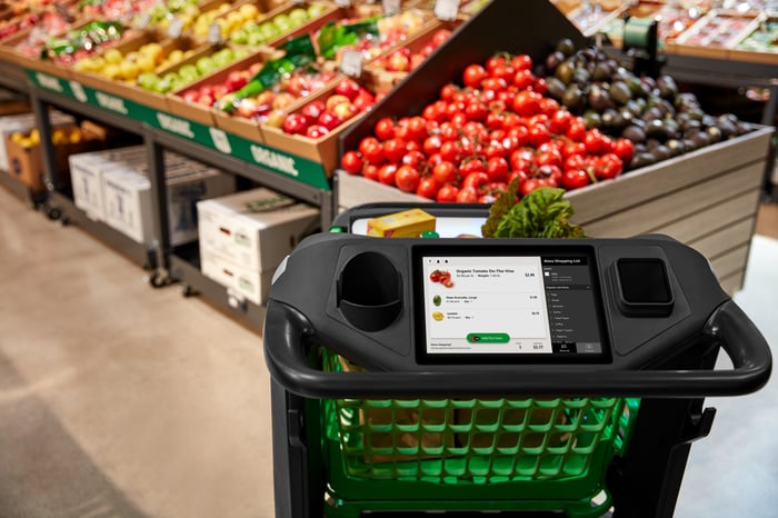 amazon dash cart in fruit and vegetable aisle