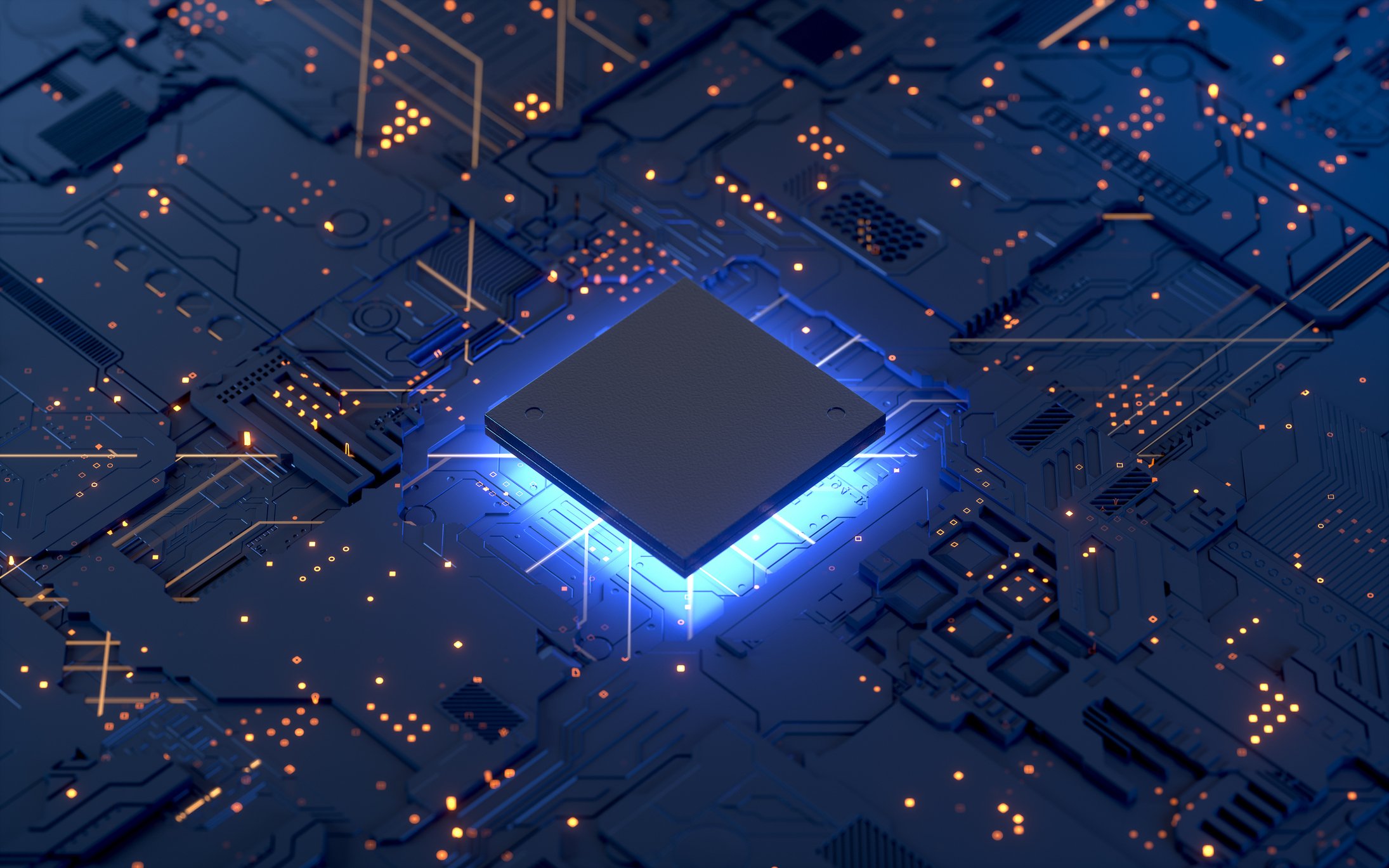 CPU hovering slightly above a circuit board.