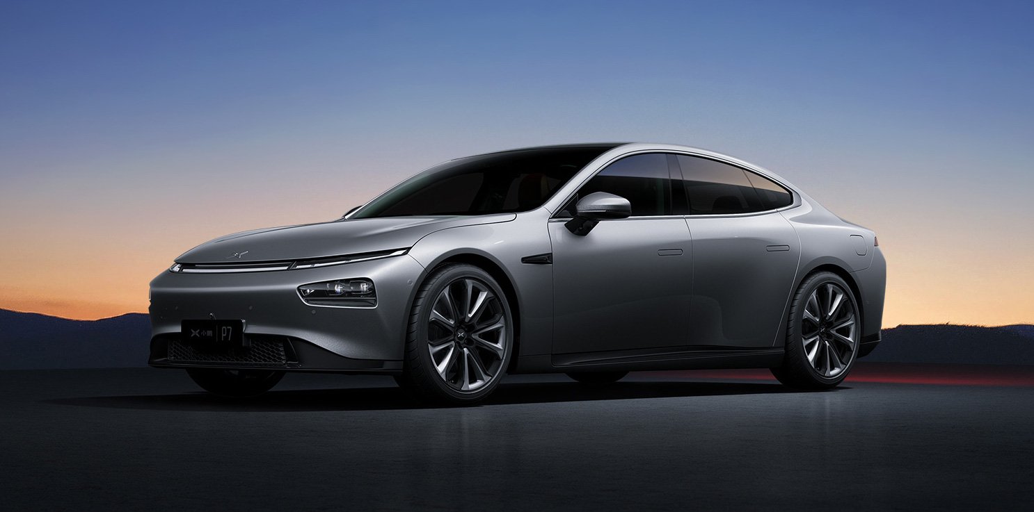 A silver Xpeng P7, a sleek upscale electric sedan.