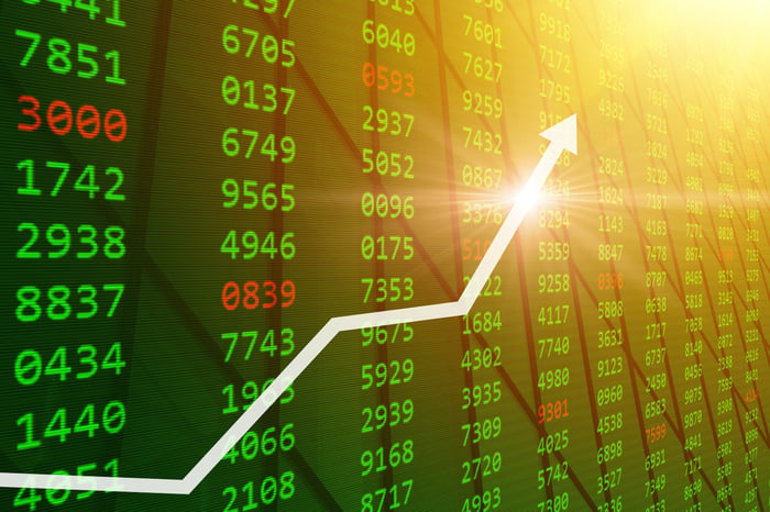 A screen filled with numbers showing stock market prices with an arrow that is pointing upward. 