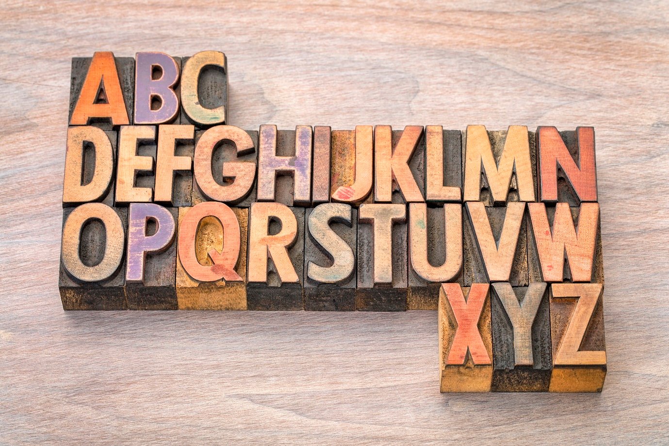 26 alphabet print blocks in alphabetical order.