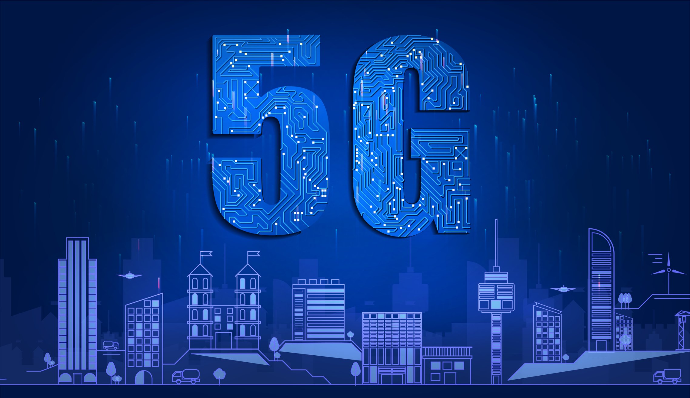 The letters 5G in blue over a blue city skyline. 