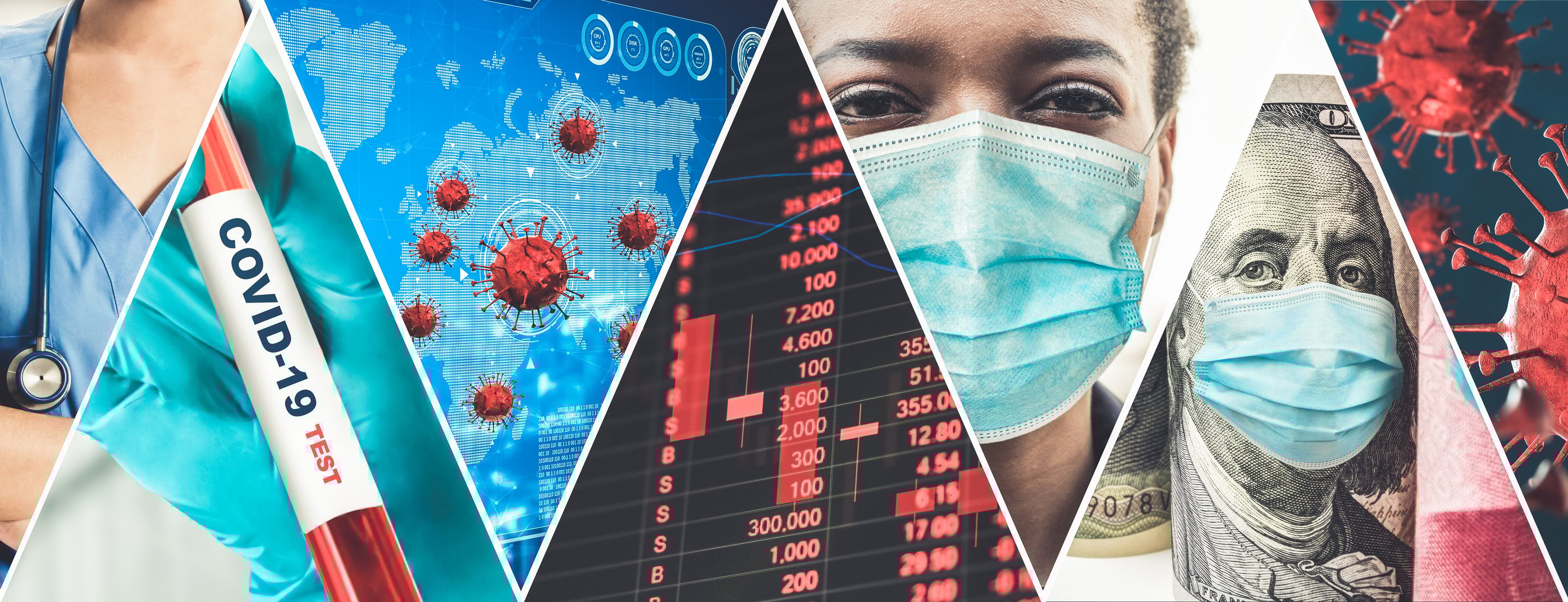 Five photo vignettes of the COVID-19 pandemic: medical professional with stethoscope, coronavirus cells, person with mask, Ben Franklin with mask.