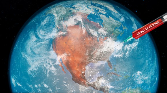 A satellite image of the earth with a large syringe labeled "COVID-19 Vaccine" positioned over the U.S. 