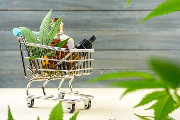 Marijuana products in a miniature shopping cart.