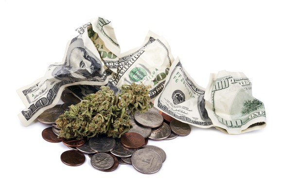 Crumpled hundred-dollar bills and loose change next to a dried marijuana plant