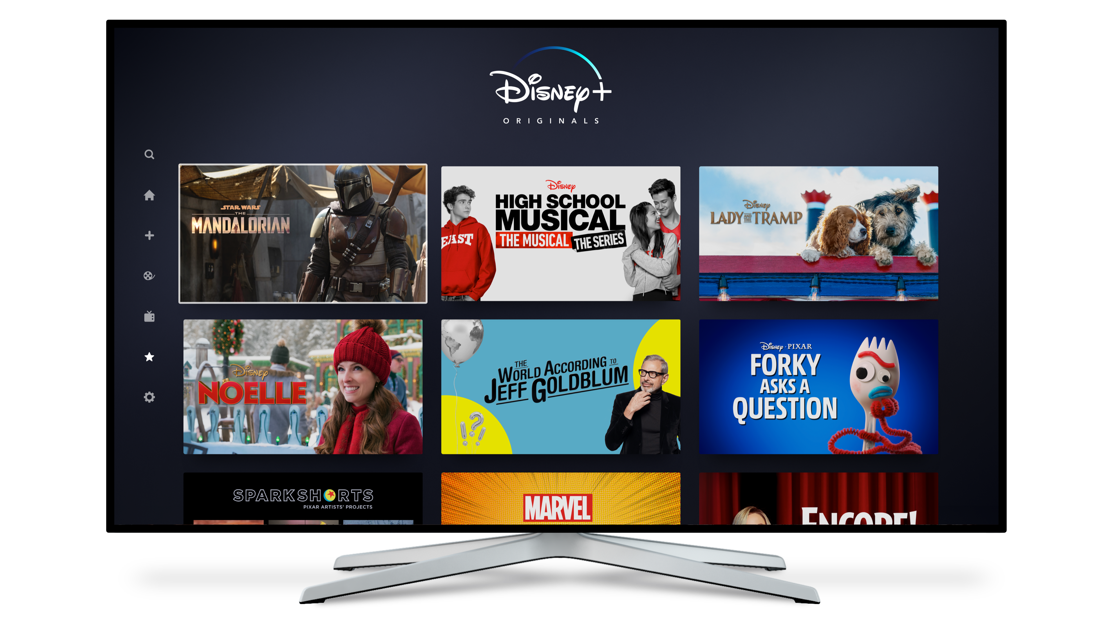A television screen displays original content from Disney+.