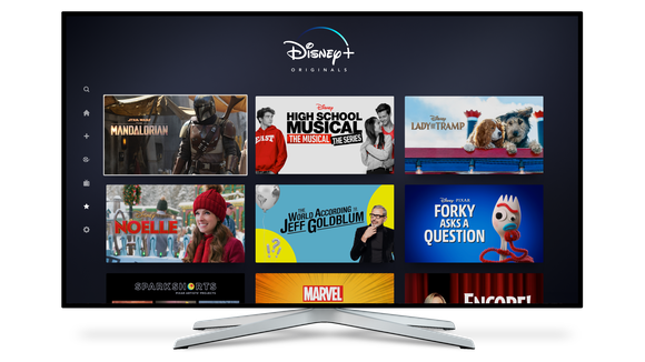 A television screen displays original content from Disney+.