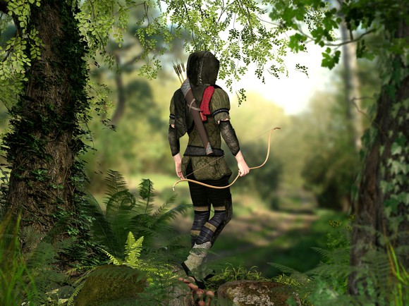 A hooded hunter with bow and arrows walks through a forest.