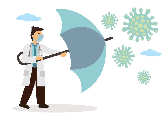 A drawing of a doctor wearing a mask and holding a large umbrella to shield himself against large floating virus particles.