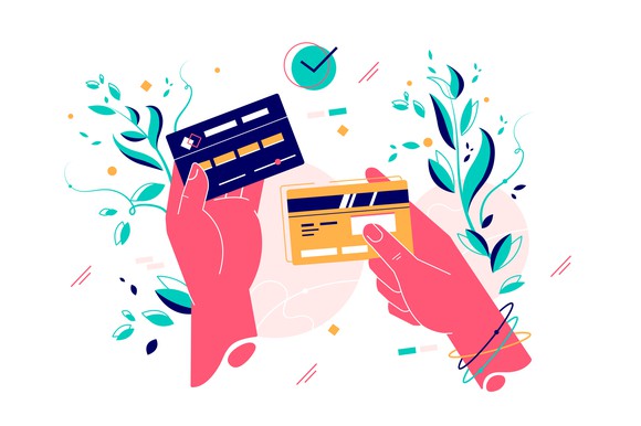 Two illustrated hands holding credit cards.