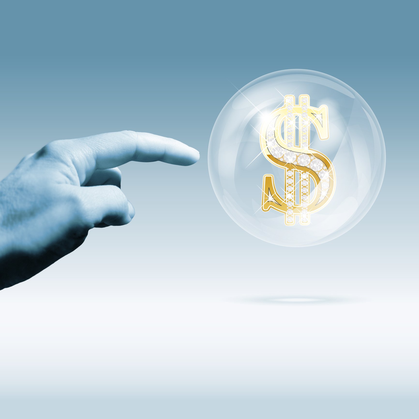 Hand pointing to a bubble with a dollar sign inside it. 