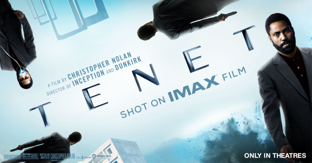 Promotional still of Tenet with the notice that it was shot on IMAX film.