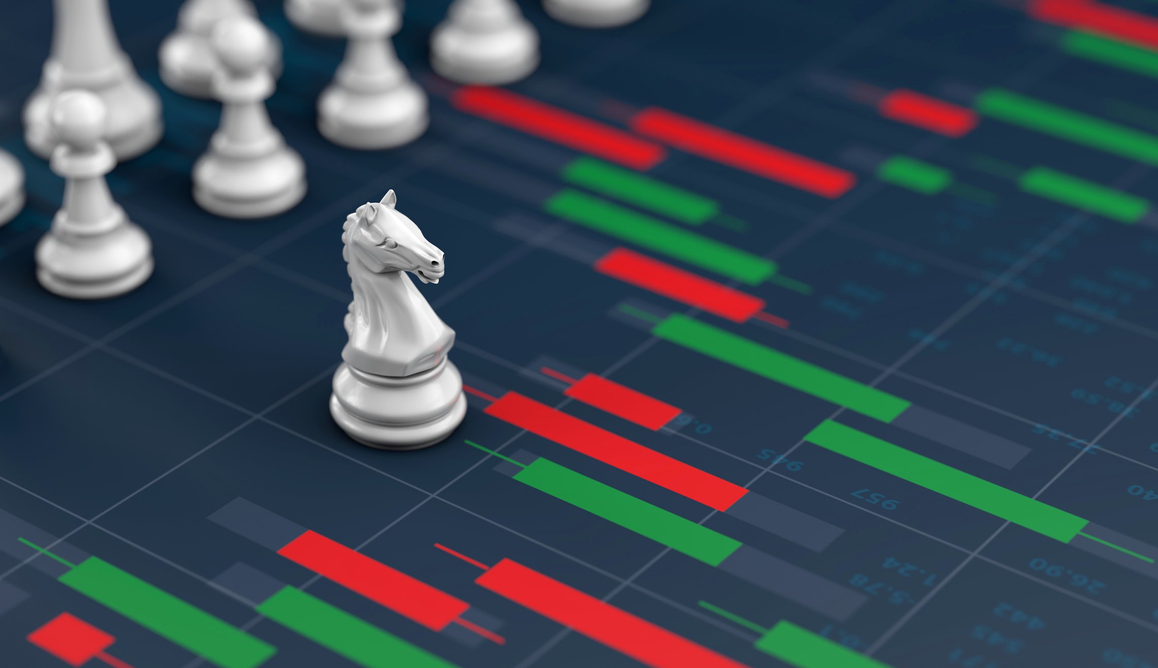 A chess piece advances over a stock chart.