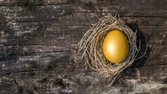 golden egg in nest lying on wooden table