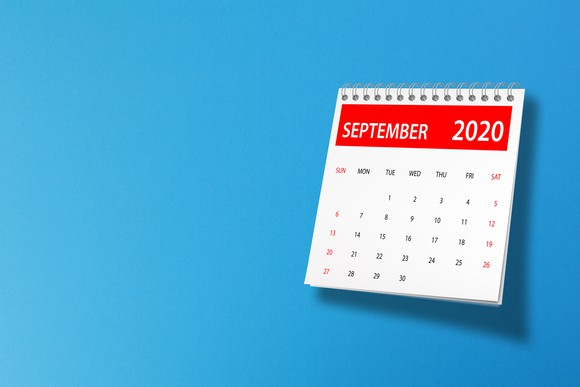 A calendar showing September 2020 set against a blue background.