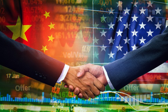 Handshake with Chinese and American flags in background