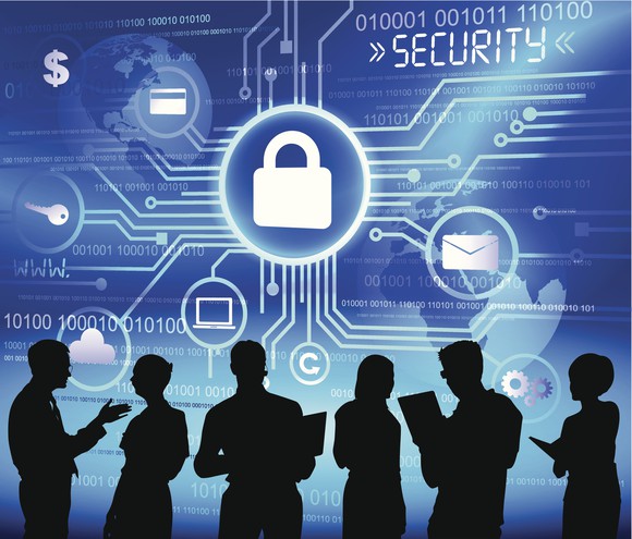 Silhouettes of several people stand in front of a blue screen with padlock icons and the word Security.