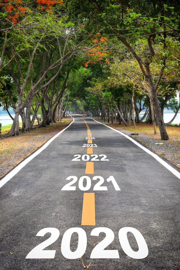 Road marked with "2020" and "2021" and "2022" and "2023" heading off into the distance
