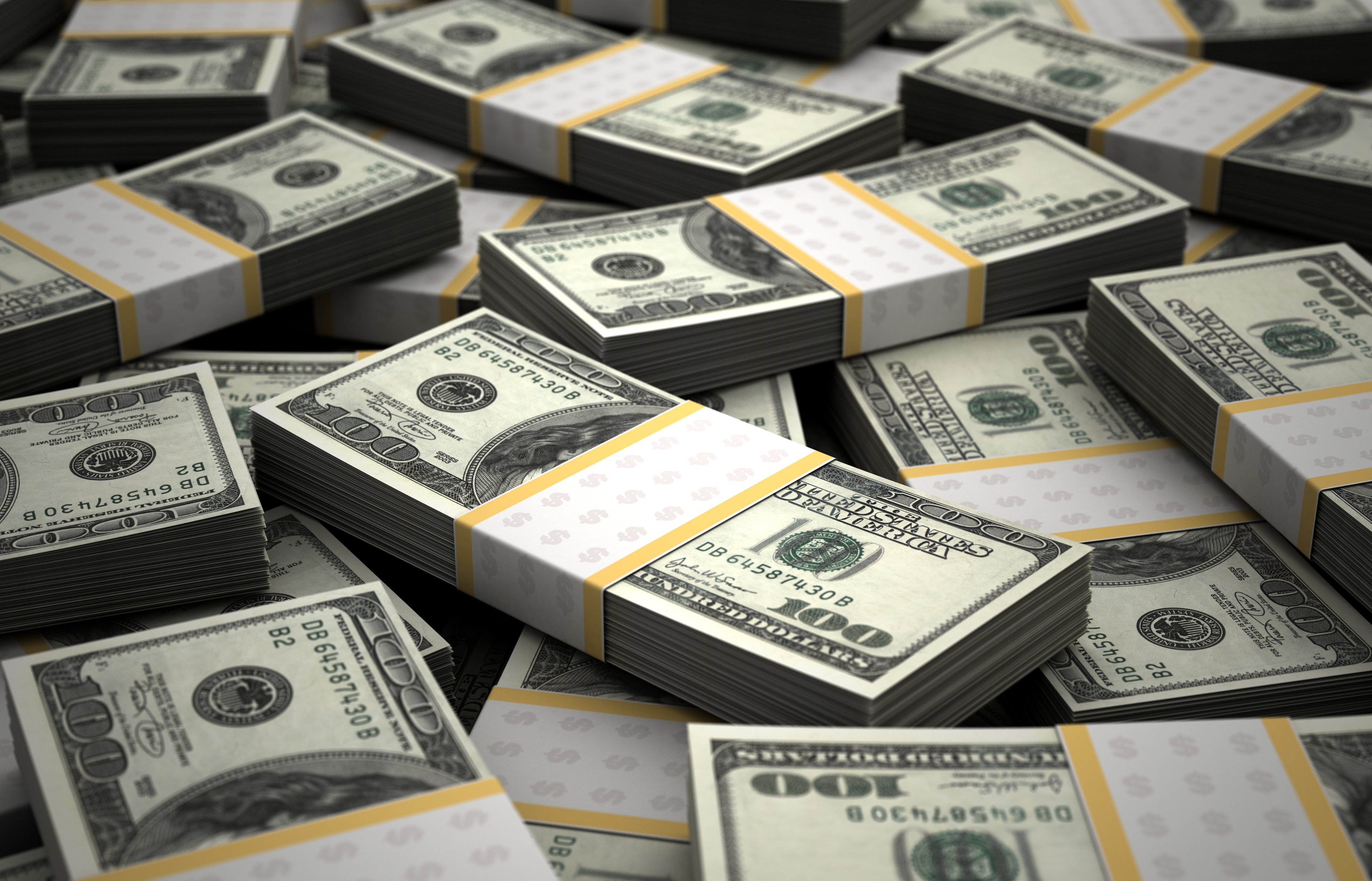 Stacks of hundred dollar bills.