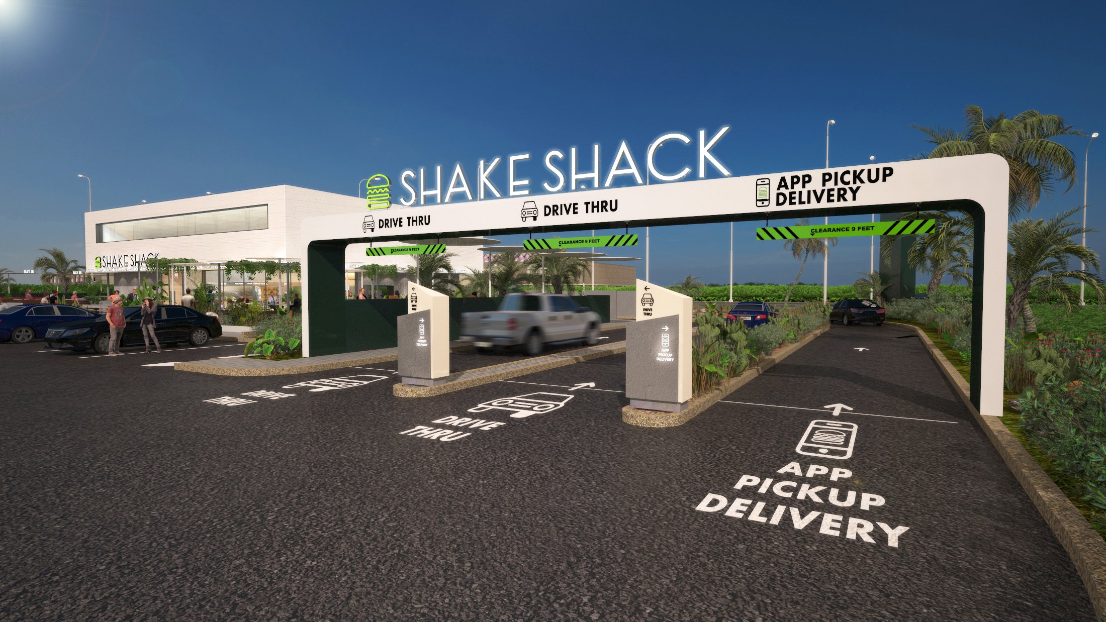 An artist rendering of a future Shake Shack location featuring a drive-thru.