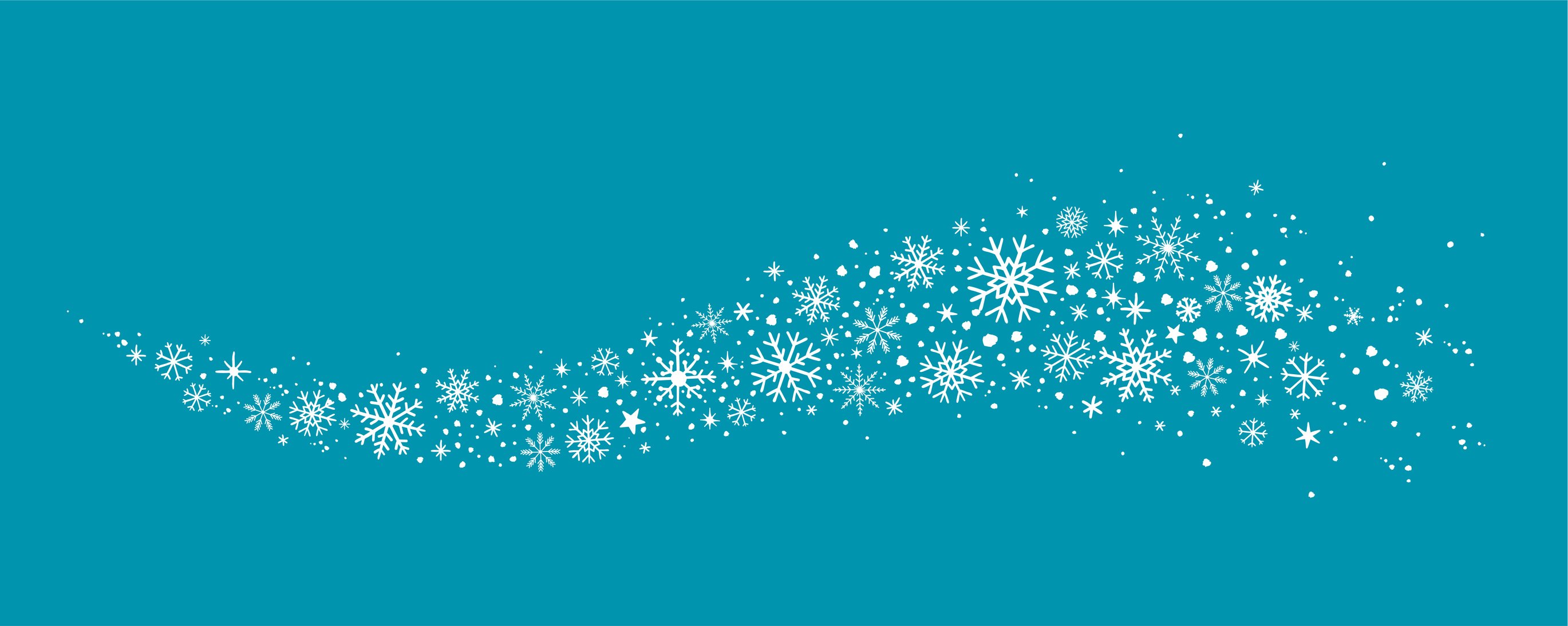 White snowflakes in different shapes and sizes on a blue background