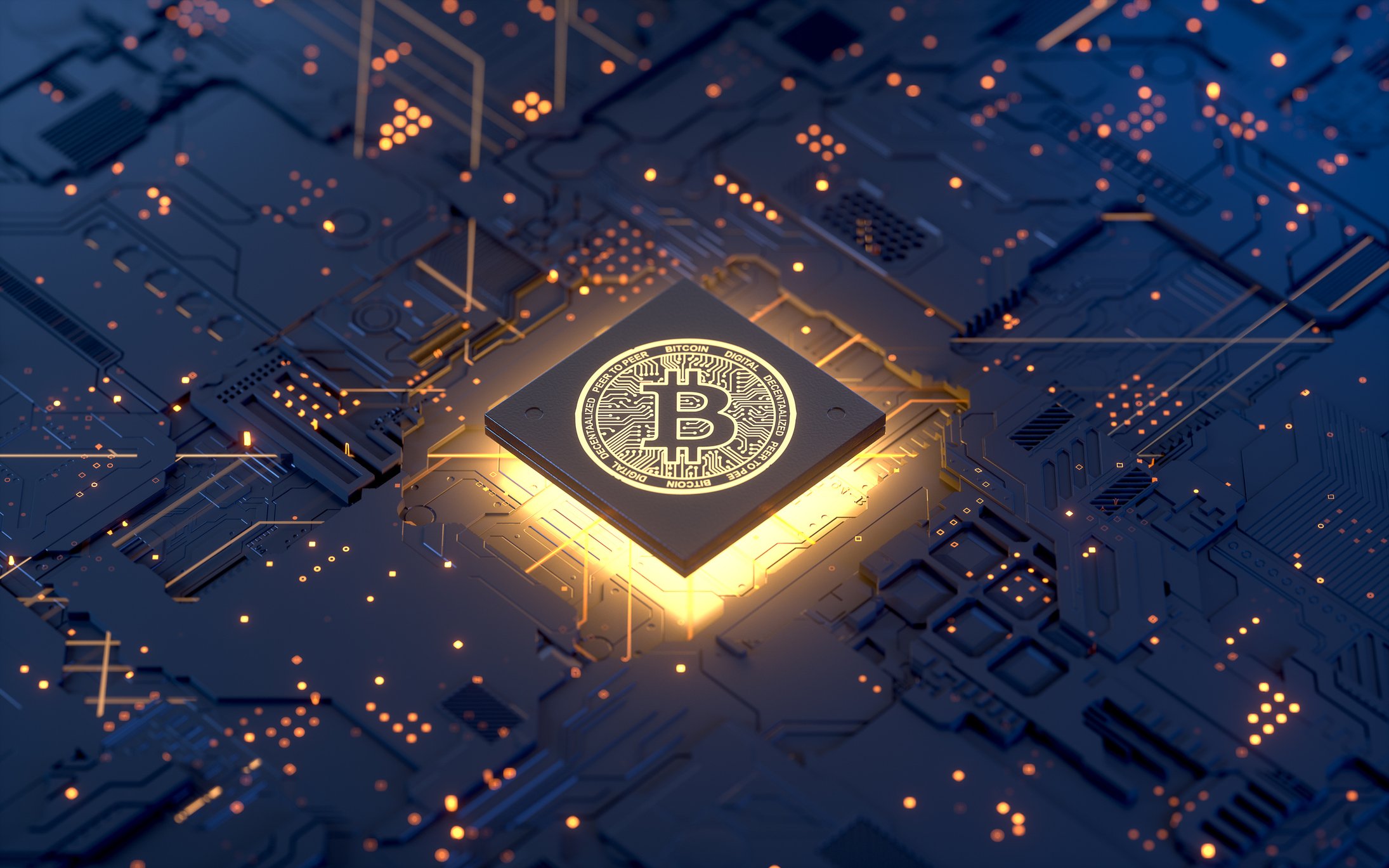 Computer chip with bitcoin symbol for blockchain technology.