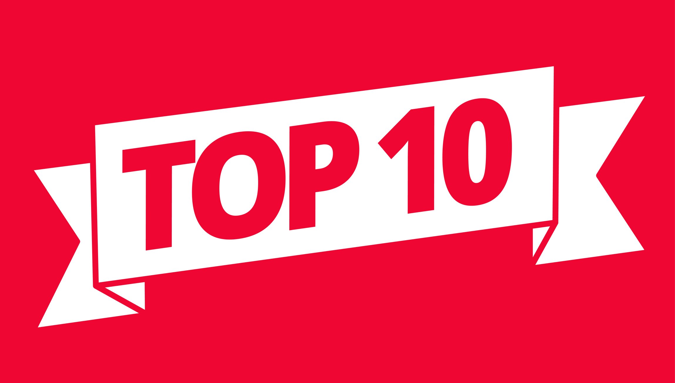 The words TOP 10 in red on a white ribbon against a red background.