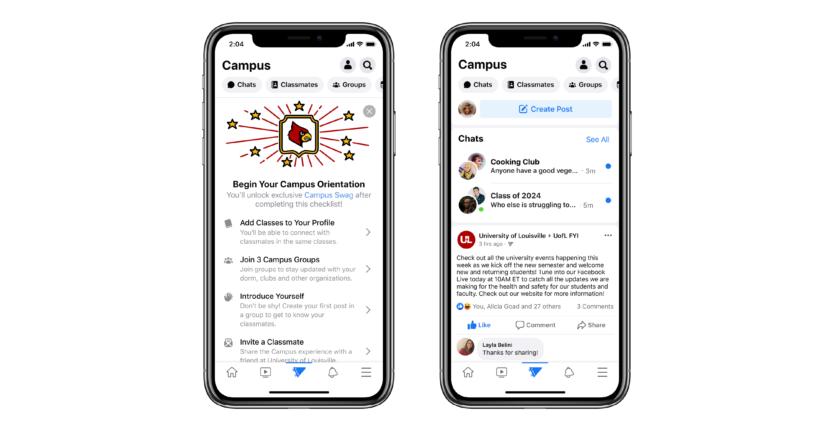 Two smartphones showing Facebook app's Campus interface