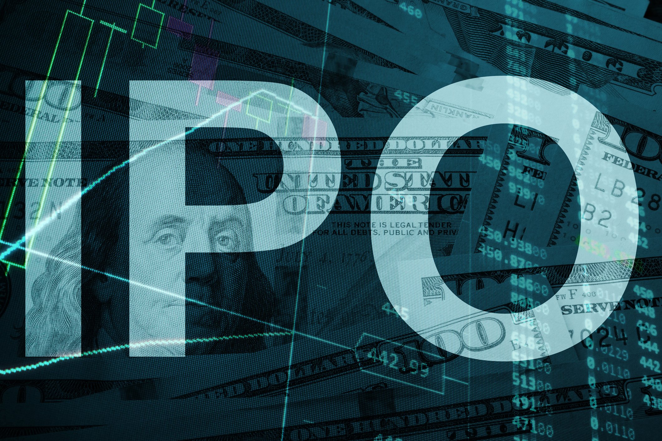 The letters IPO superimposed over a stack of $100 bills.