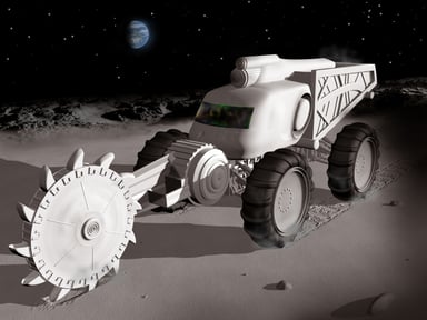 Space mining truck cutting into the moon