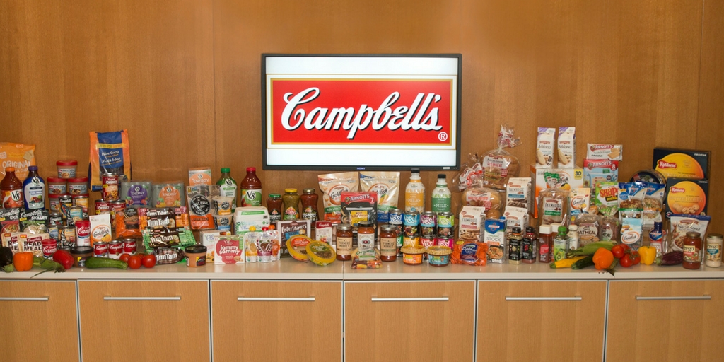 Campbell's products lined up together on a countertop 