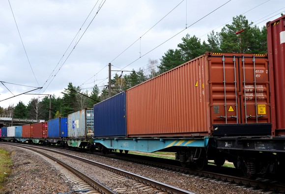 Intermodal containers on a flatbed train car