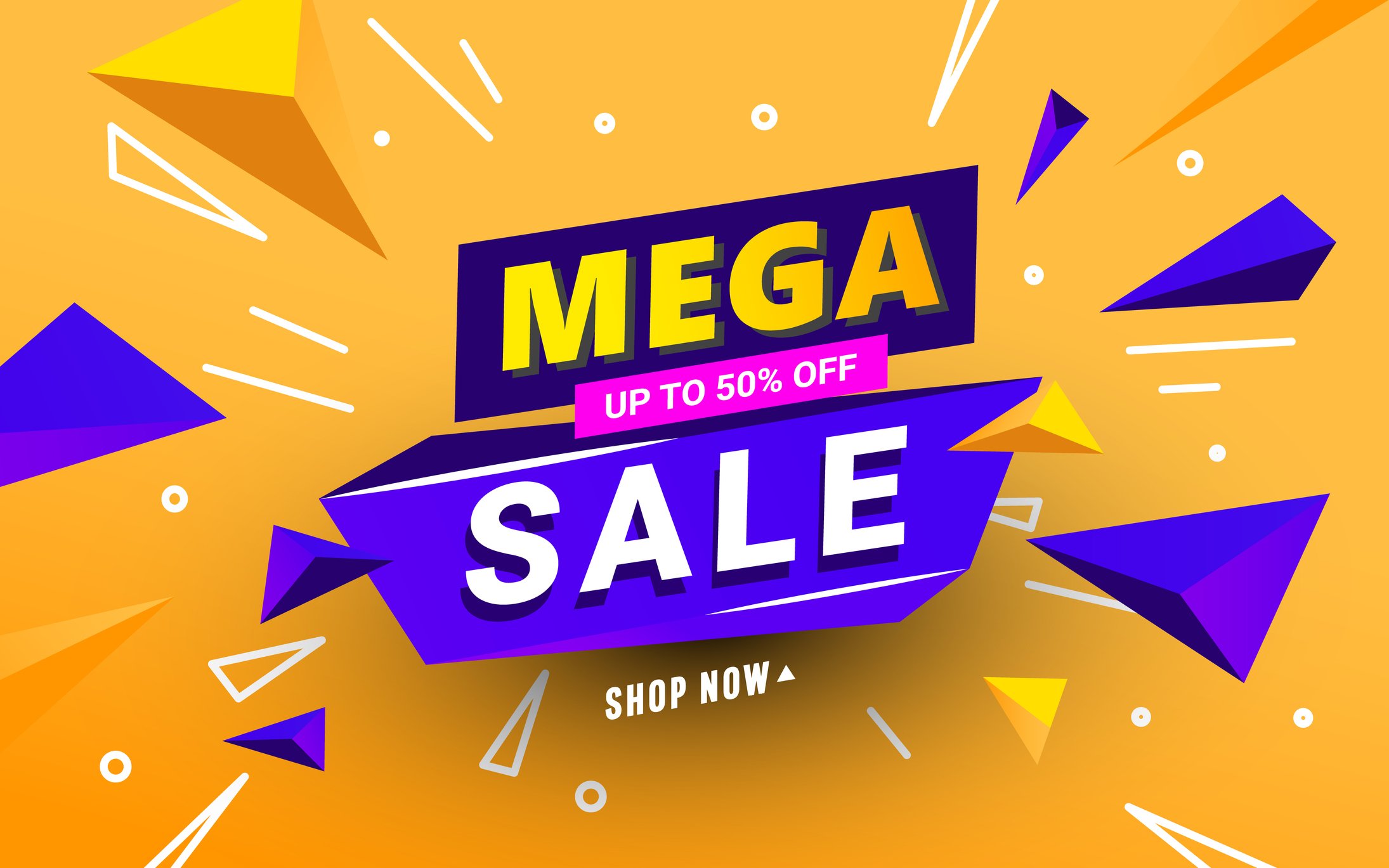 The words "mega sale" written in block letters in bright colors before a bright yellow backdrop.