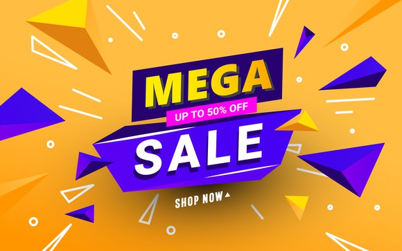 The words "mega sale" written in block letters in bright colors before a bright yellow backdrop.