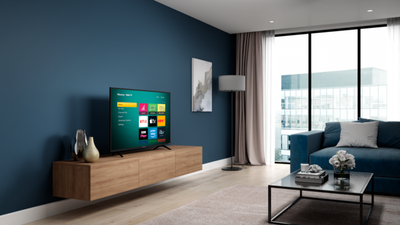 A Roku-powered smart TV in an apartment living room. 