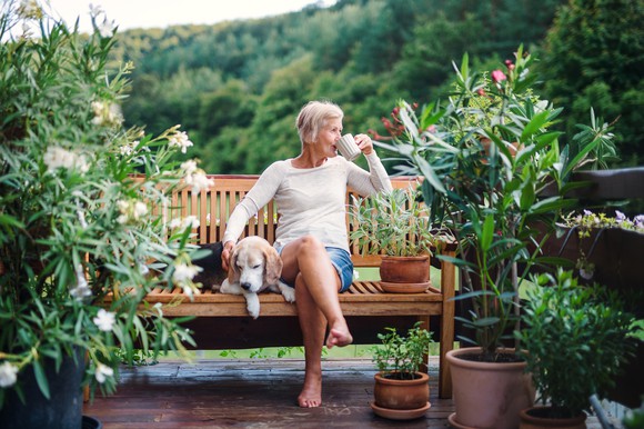 Retired person sits on a bench sipping coffee among flowers with a dog. 