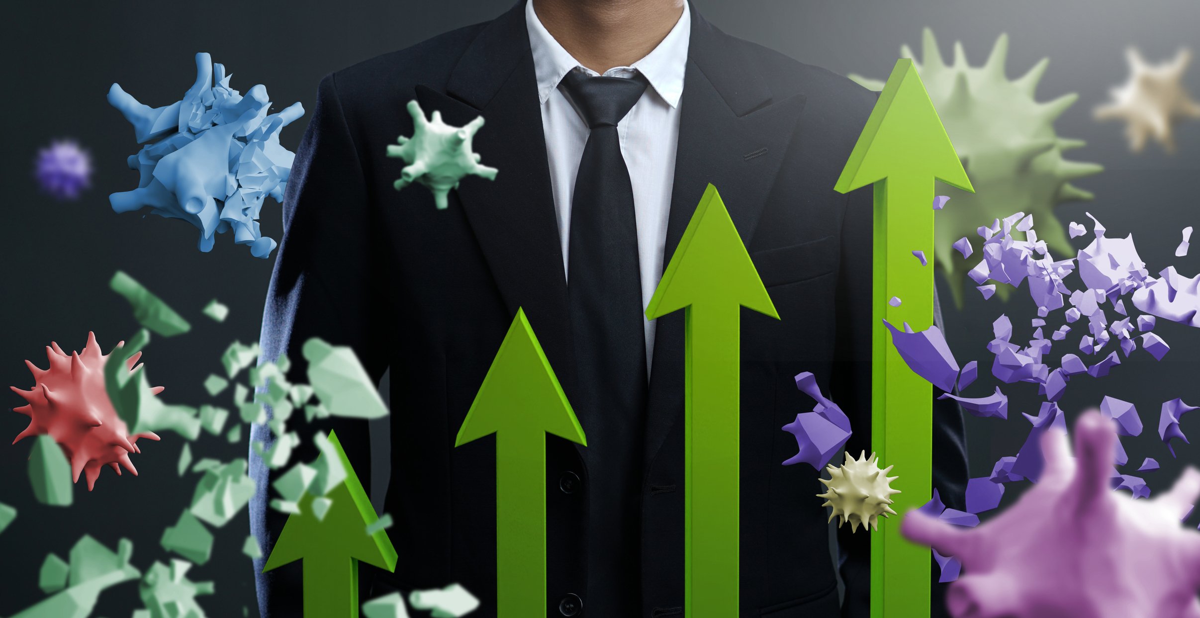 Businessman with green arrows pointing up and virus images