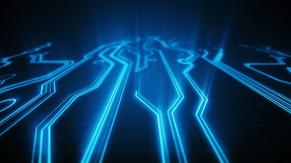 Drawing of glowing blue electronic circuits.