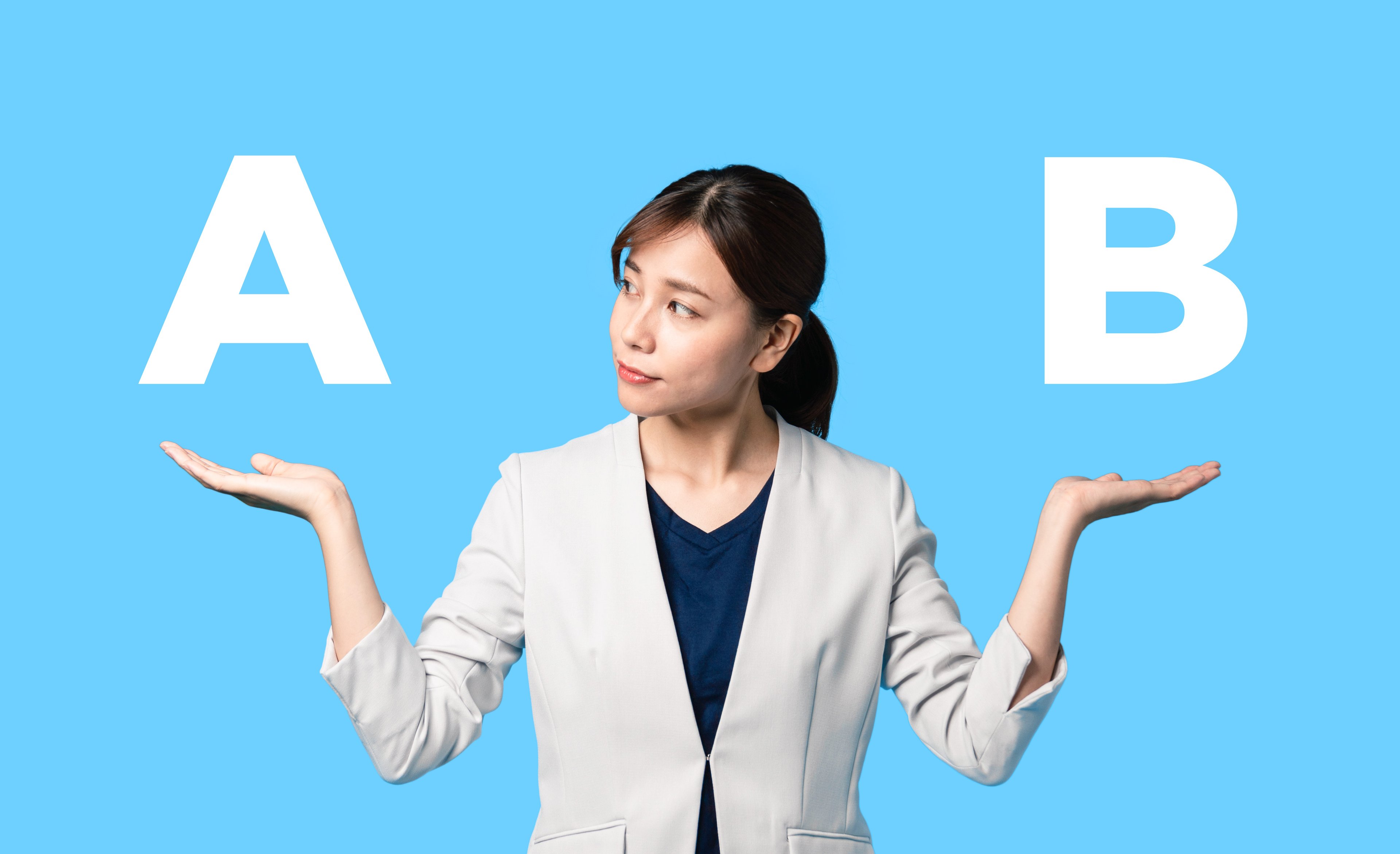 Woman comparing two options, A and B.