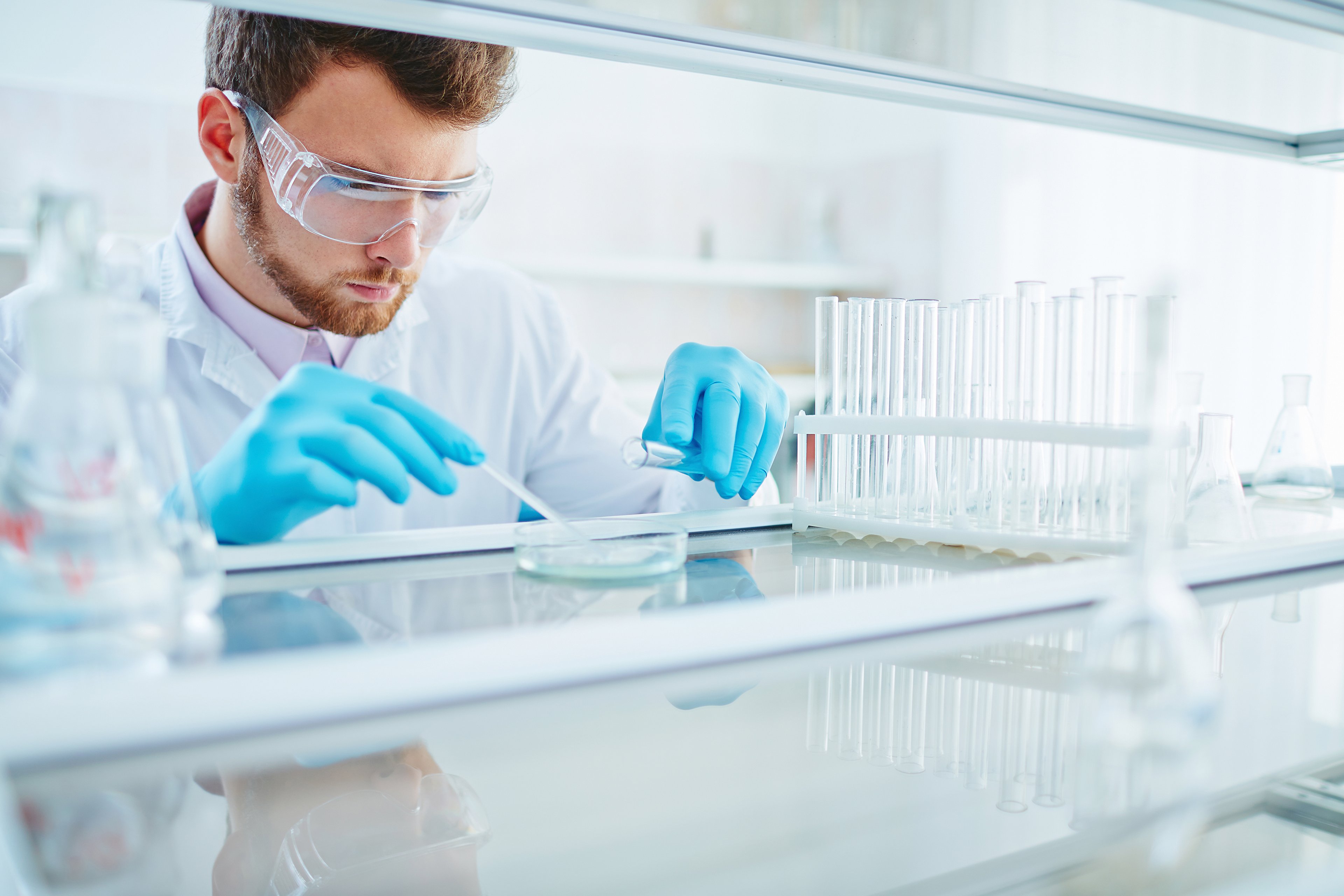Lab technician conducting an experiment using a petri dish.