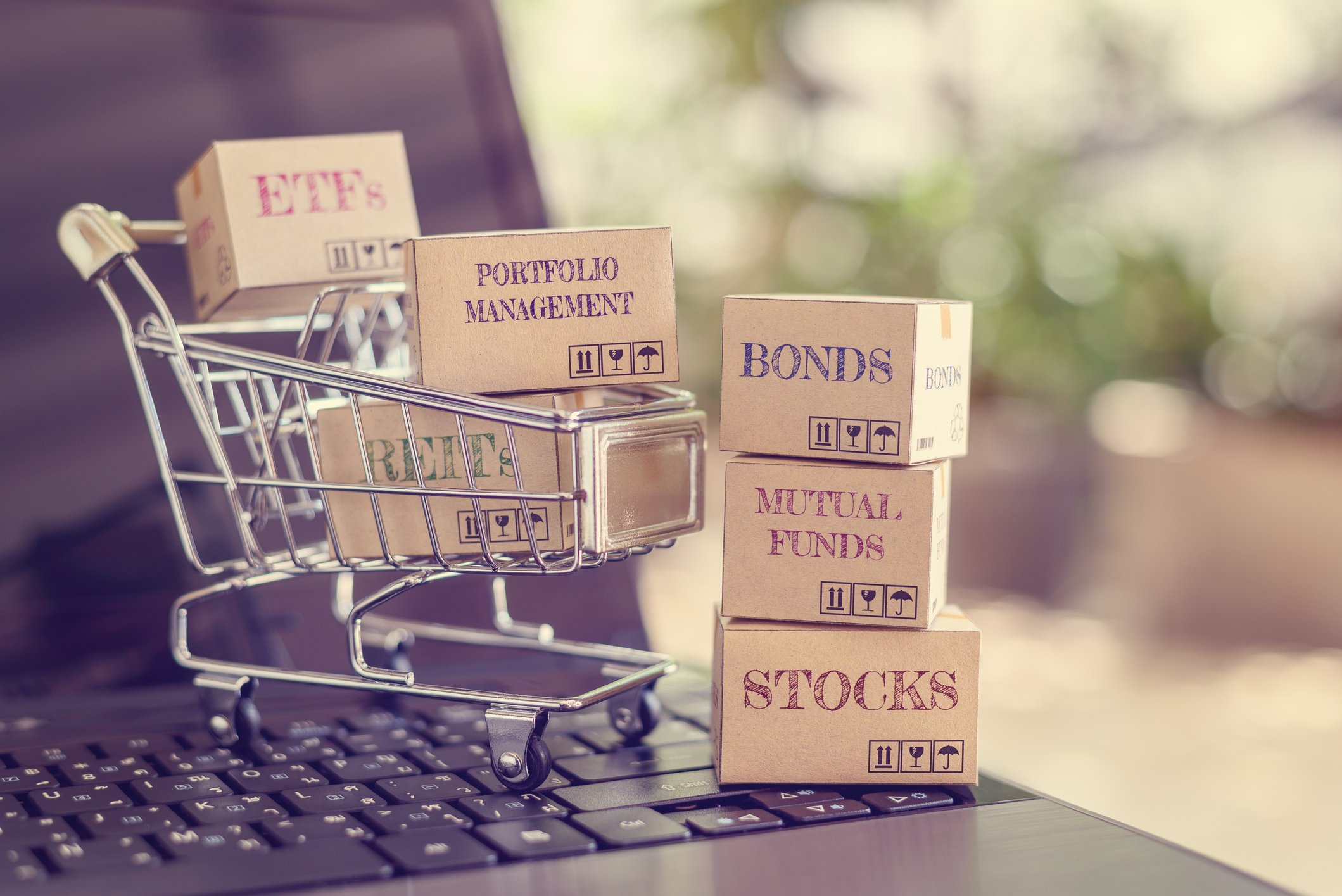 A mini shopping cart sits atop a laptop computer with boxes labeled ETFs, Portfolio Management, REITS and next to the cart a stack of boxes labeled Bonds, Mutual Funds, and Stocks. 